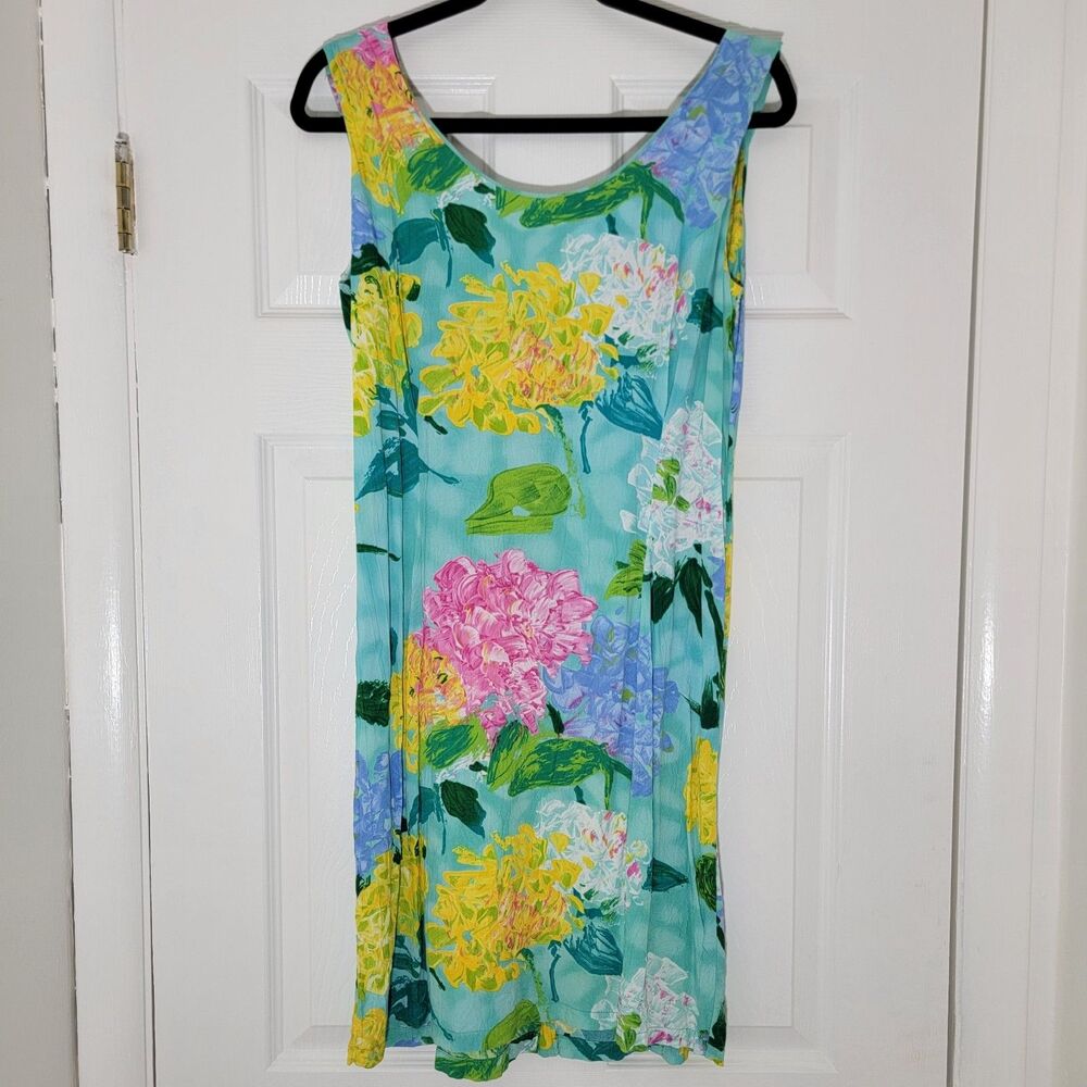 Vintage Jams‎ World Rayon Crinkle Hydrangea Dress Midi Sleeveless Size 11 READ
